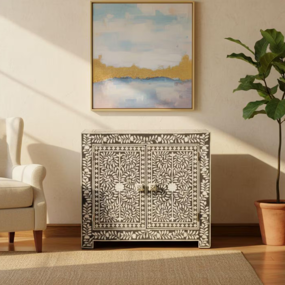 Black & White Bone Inlay Cabinet | Handmade Floral Sideboard | 2-Door Storage Furniture