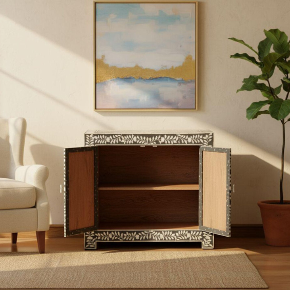 Black & White Bone Inlay Cabinet | Handmade Floral Sideboard | 2-Door Storage Furniture