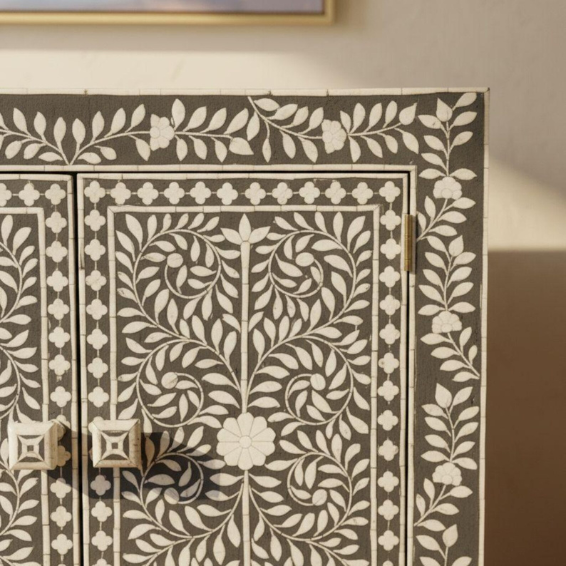 Black & White Bone Inlay Cabinet | Handmade Floral Sideboard | 2-Door Storage Furniture