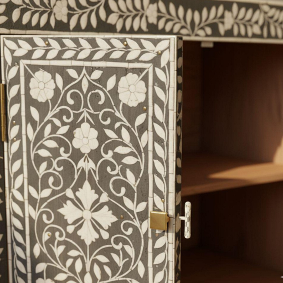 Black & White Bone Inlay Cabinet | Handmade Floral Sideboard | 2-Door Storage Furniture