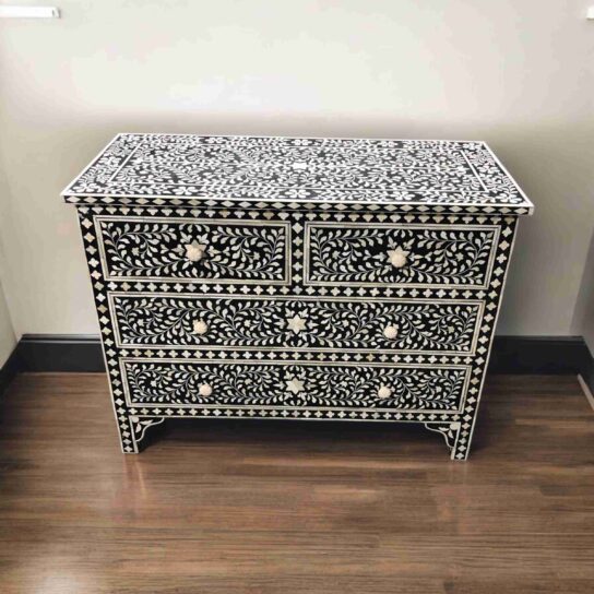 Bone Inlay Sideboard – Black with Floral Design (4 Drawers)