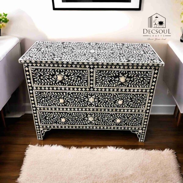Bone Inlay Sideboard β Black with Floral Design (4 Drawers)