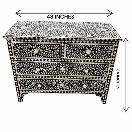 Bone Inlay Sideboard – Black with Floral Design (4 Drawers)