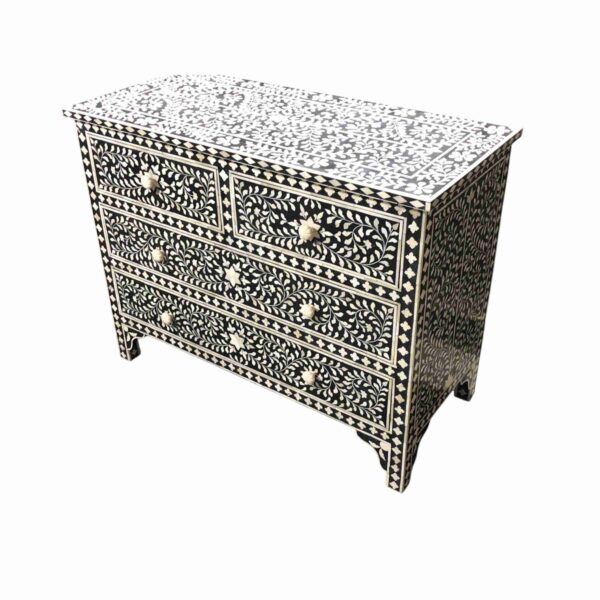 Decsoul 16b_11zon Bone Inlay Sideboard – Black with Floral Design (4 Drawers)