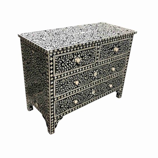 Bone Inlay Sideboard – Black with Floral Design (4 Drawers)