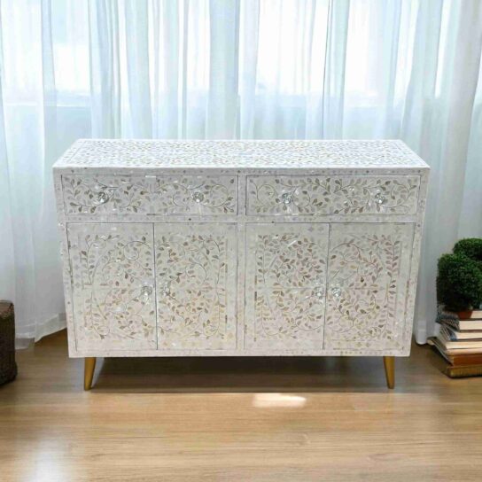 Mother of Pearl Inlay Cabinet - White with Floral Design