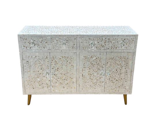 Mother of Pearl Inlay Cabinet - White with Floral Design