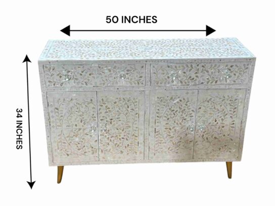 Mother of Pearl Inlay Cabinet - White with Floral Design