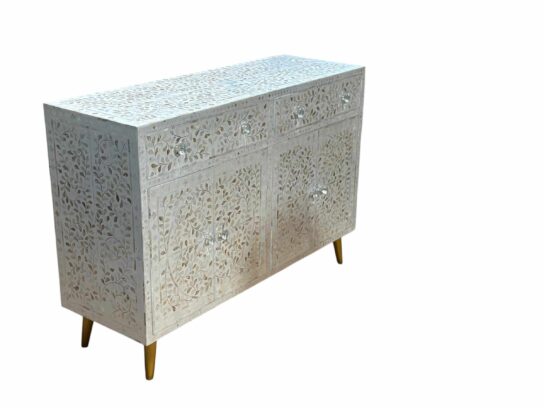 Mother of Pearl Inlay Cabinet - White with Floral Design