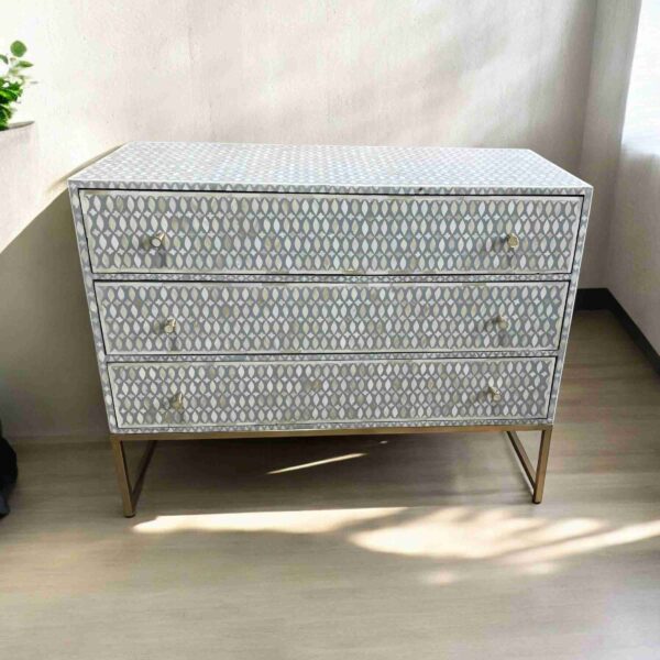 Decsoul 19 grey_11zon Bone Inlay Cabinet – Grey with Floral Design (3 Drawers)