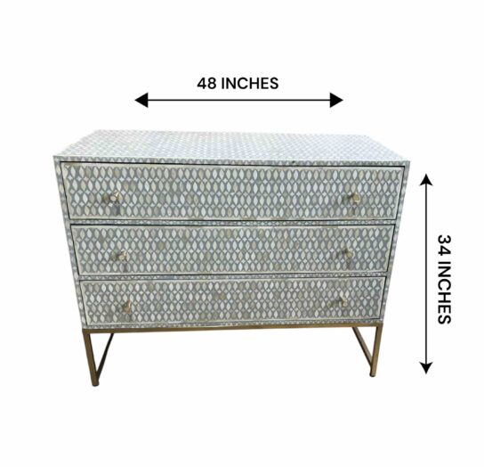 Bone Inlay Cabinet – Grey with Floral Design (3 Drawers)