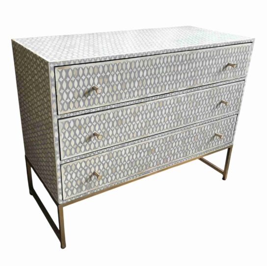 Bone Inlay Cabinet – Grey with Floral Design (3 Drawers)