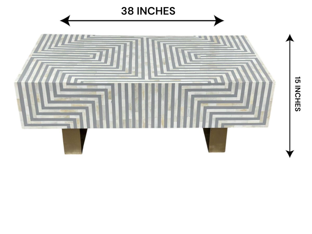 Bone Inlay Strips Coffee Table – Grey with Geometrical Design - Image 3