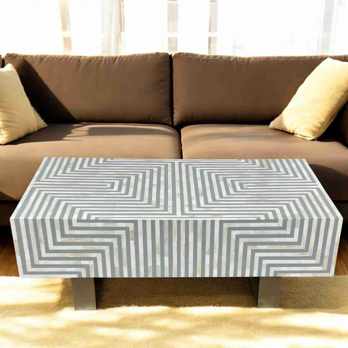 Bone Inlay Strips Coffee Table – Grey with Geometrical Design - Image 2
