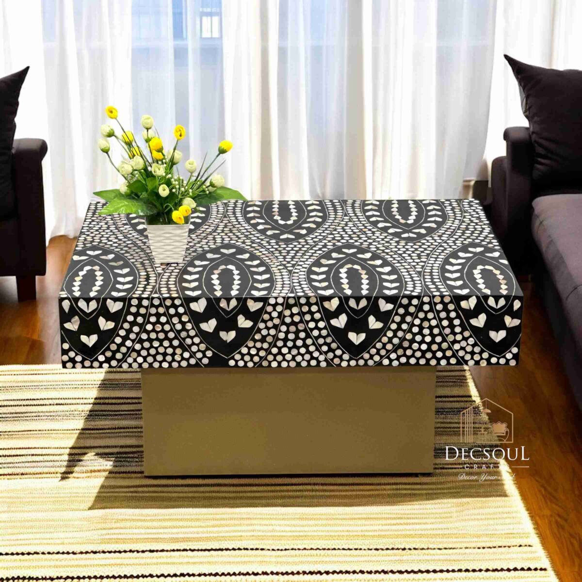Mother of Pearl Inlay Coffee Table  Black with Floral Design - Image 1