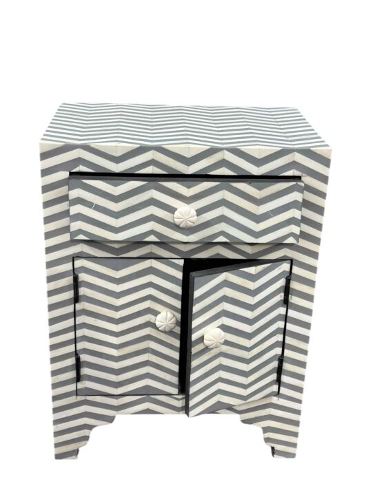 Bone Inlay Bedside Table – Grey with Strips Design
