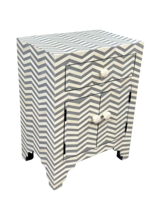 Bone Inlay Bedside Table – Grey with Strips Design