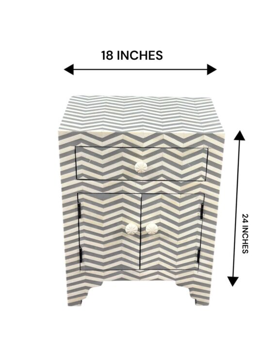 Bone Inlay Bedside Table – Grey with Strips Design