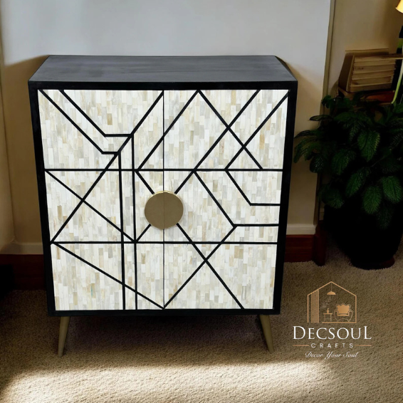 Handcrafted Bone Inlay Cabinet – Boho Accent Furniture-Home DecorIndian Vintage