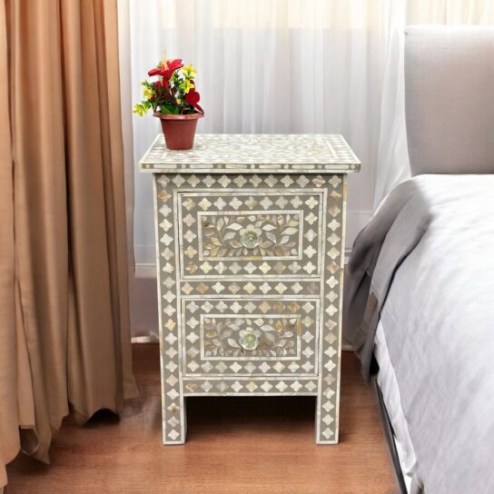 Bone Inlay Bedside Table – 2 Drawers