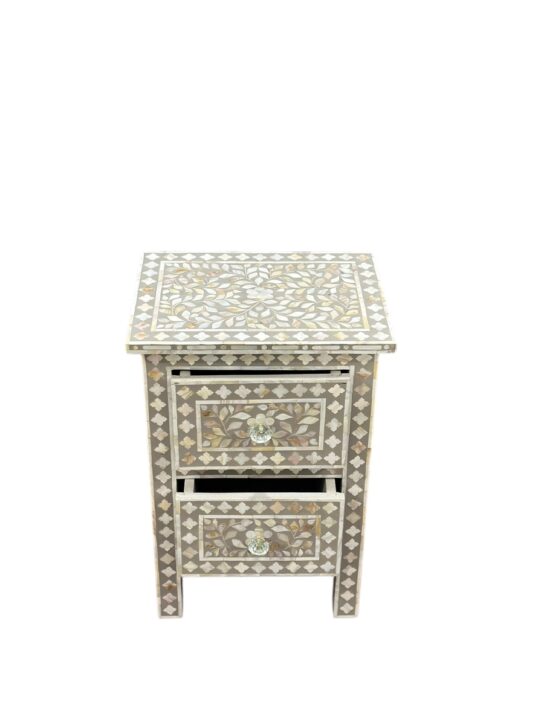 Bone Inlay Bedside Table – 2 Drawers