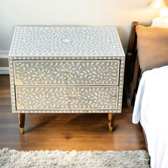 Bone Inlay Bedside Table – 2 Drawers