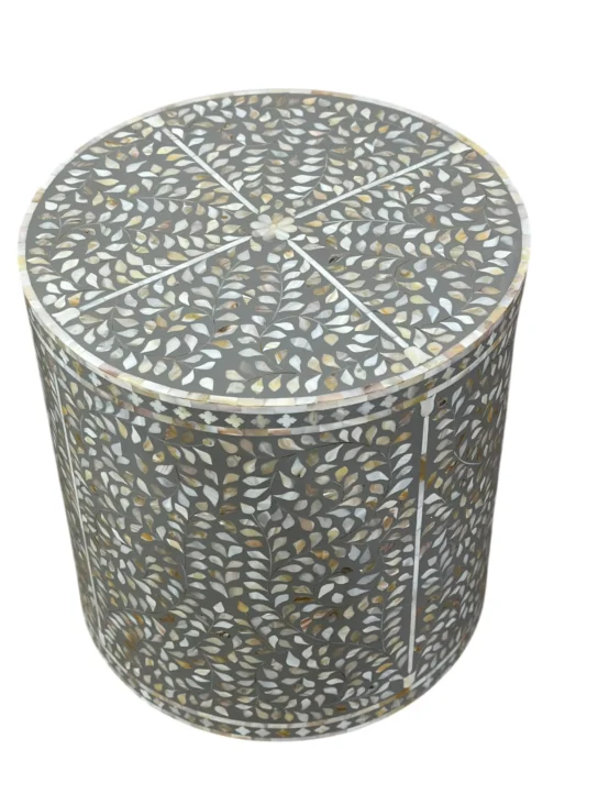 Handmade Mother of Pearl Round Floral End Table Handmade Inlay Side Table