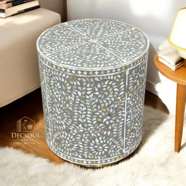 Handmade Mother of Pearl Round Floral End Table Handmade Inlay Side Table