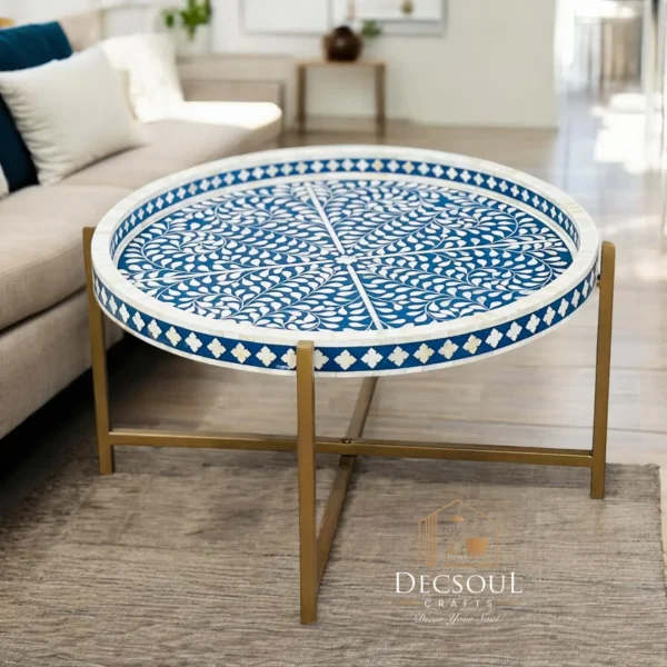 Handmade Round Bone Inlay Coffee Table – Classic Handcrafted Center -Home Decor