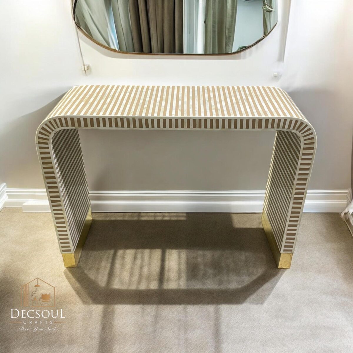 HandMade Boho Bone Inlay Table – Handcrafted Coffee Table with Stripes Inlay - Image 1