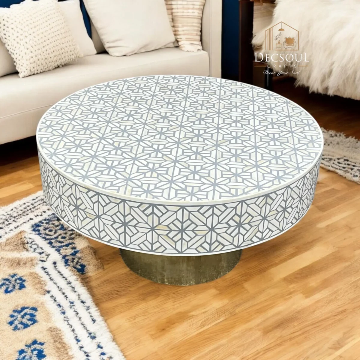 HandMade Bone Inlay Center Table – Floral Pattern - Image 1