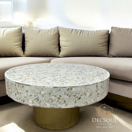 Mother of Pearl Inlay Coffee Table: Handmade Floral Center Table with Gold Base