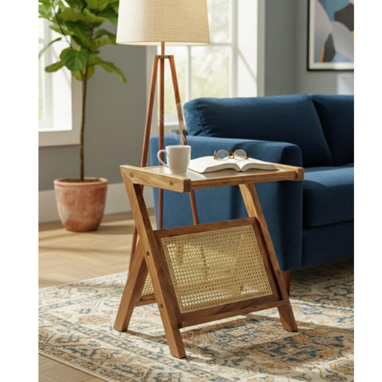 Handmade Cane Side Table with Glass Top | Boho Accent Table
