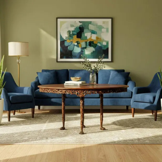 Handcrafted Round Shape Solid Wood Carved Dining Table — Floral Engraved Entryway Table