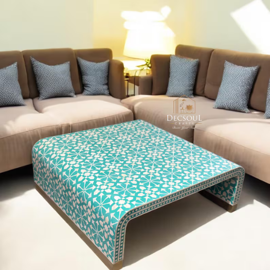 Turquoise Bone Inlay Coffee Table: Handmade Geometric Accent Table
