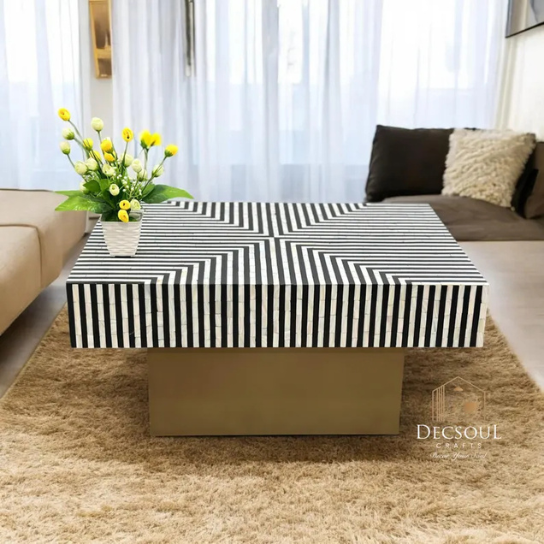 Floral Vine Bone Inlay Coffee Table: Boho Blue Furniture