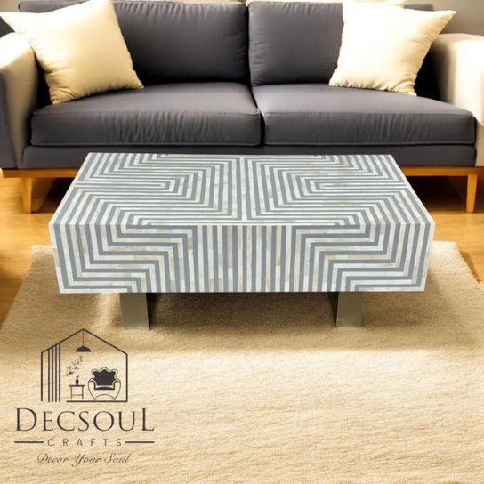 Gray Bone Inlay Coffee Table | Modern Geometric Handmade Furniture