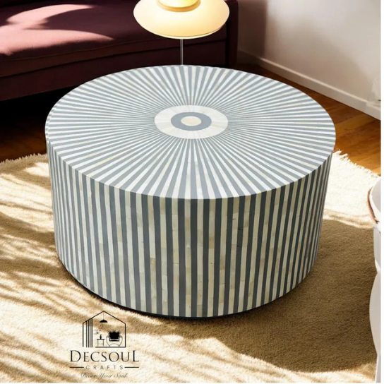 Handmade Grey Sunburst Bone Inlay Coffee Table: Boho Indian Decor