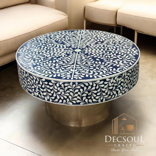 Handmade Bone Inlay Coffee Table: Moroccan Floral Boho Decor