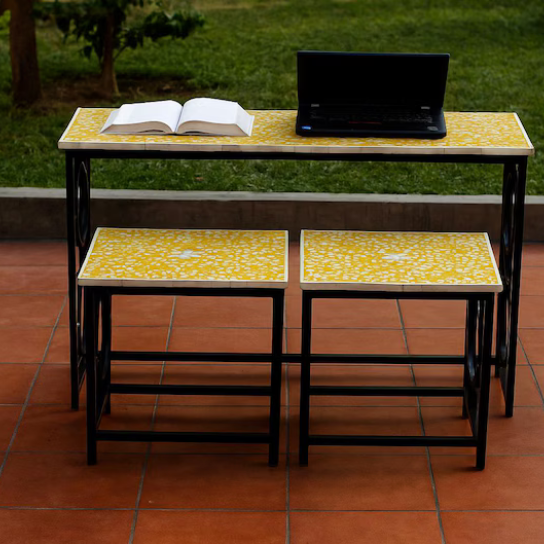 Handmade Bone Inlay Study Table with Stools: Yellow Floral Design