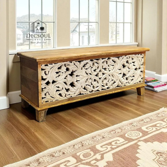 Hand-Carved Mango Wood Chest – Floral Indian Blanket Box | Boho Storage Trunk