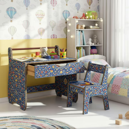 Handmade Blue Floral Bone Inlay Kids Desk and Chair Set-Kids Christmas Gift