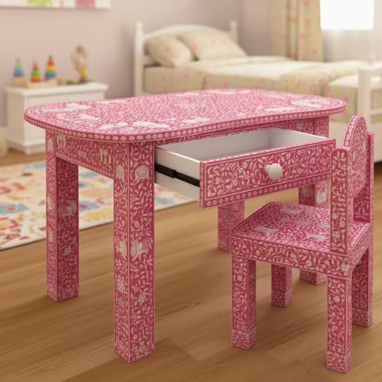 Handmade Pink Bone Inlay Kids Desk and Chair Set - Floral Nursery Furniture-Kids Christmas Gift