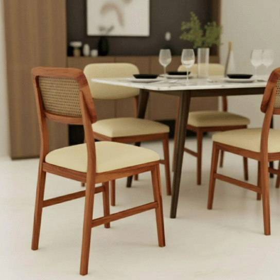 Mid-Century Modern Dining Chair | Cane Backrest, Upholstered Seat