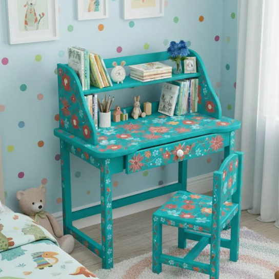 Hand-Painted Kids Desk and Chair Set: Floral Art Furniture-Kids Gift