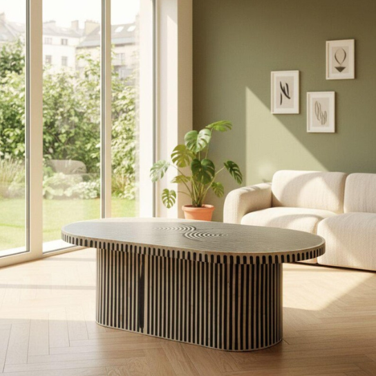 Handmade Bone Inlay Oval Dining Table: Modern Black and White Decor