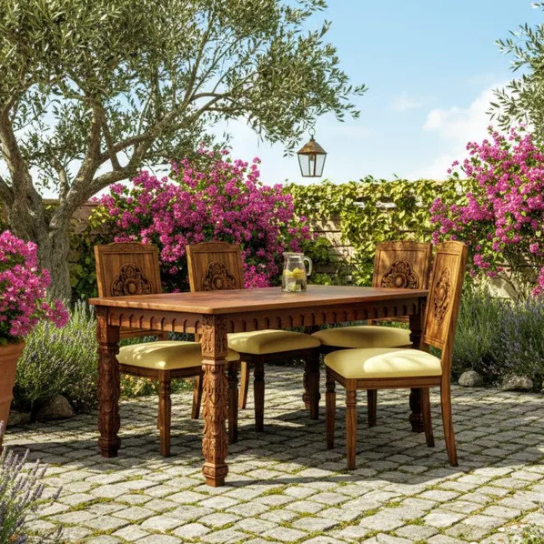 Handmade Victorian Style Carved Dining Table Set 5 Piece Wooden Kitchen Furniture