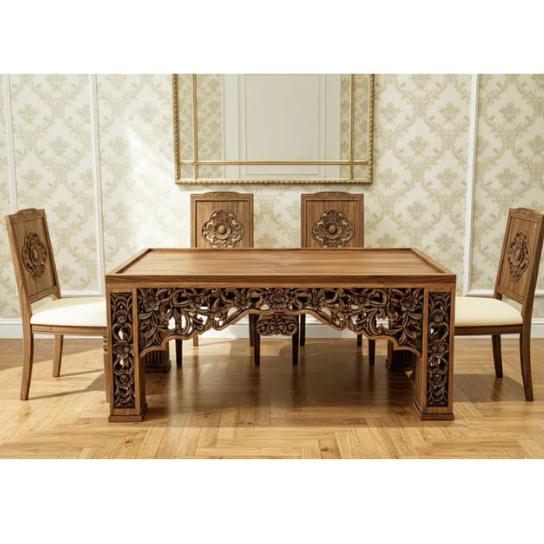 Hand-Carved Mango Wood Dining Table Set with 4 Chairs