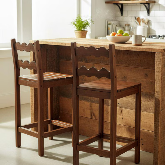 Handmade Wooden Bar Stool | Rustic Kitchen Counter Chair |Solid Wood Wavy Back Dining Stool