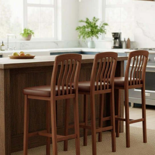 Handmade Mango Wood Bar Stool | Brown Leather Seat, Rustic Farmhouse